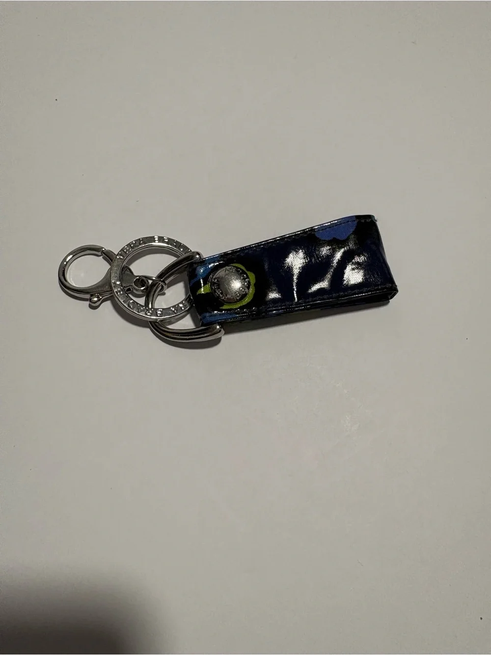 Vera Bradley Keychain Navy Blue Leather Key Fob with Silver Hardware